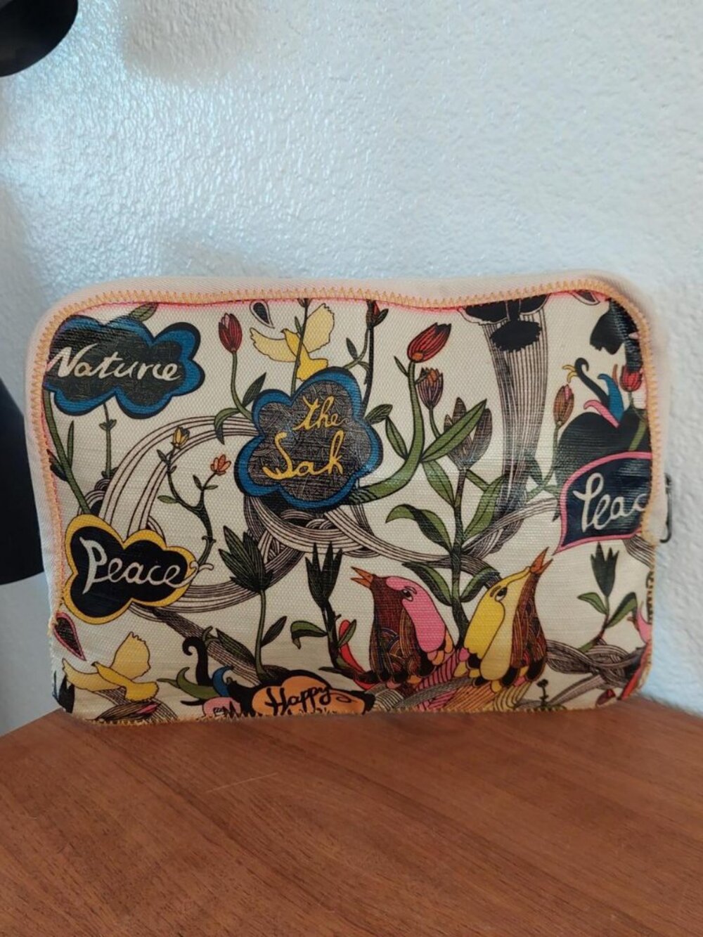 Sakroots Coated Canvas Zipper Pouch Peace Nature Happy Bird Floral Makeup Bag ta